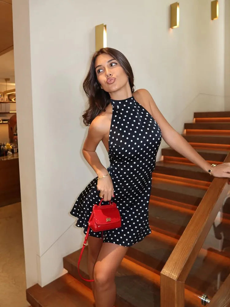 Halter Dot Printed Dresses For Women Fashion Sexy Streetwear Backless