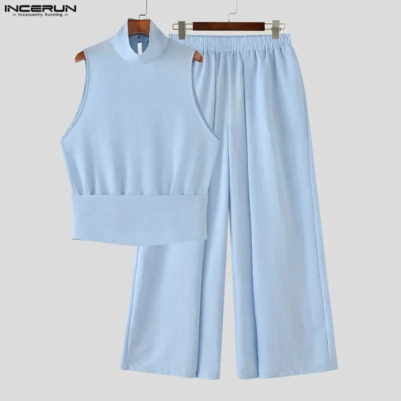 INCERUN Men's Sets Solid Color Turtleneck Sleeveless Vests Pants 2