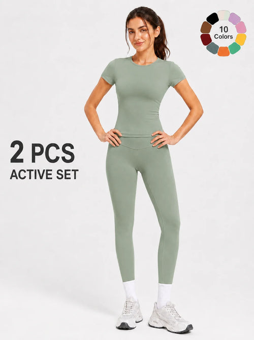 Ladies Sportswear Set (Short Sleeve Top + Long Pants) Fitness Gym