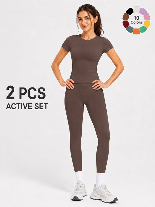 Ladies Sportswear Set (Short Sleeve Top + Long Pants) Fitness Gym