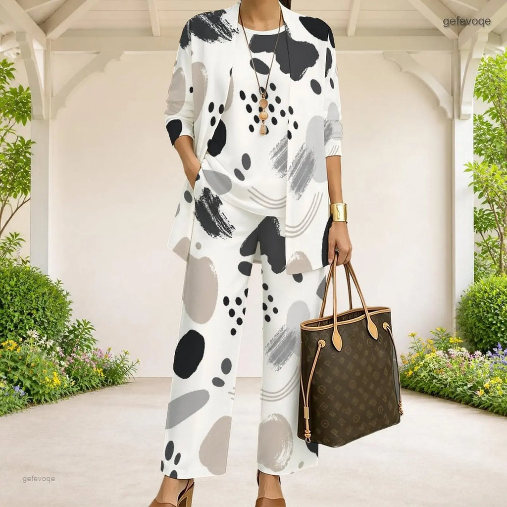 Women Abstract Printed Three Piece Pants Set 3/4 Sleeve Open Cardigan