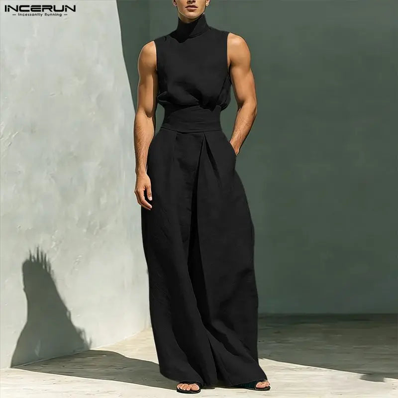 INCERUN Men's Sets Solid Color Turtleneck Sleeveless Vests Pants 2