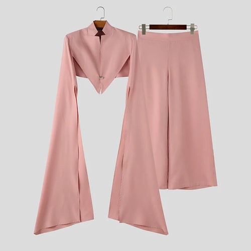INCERUN Men's Sets Solid Color Stand Collar Long Sleeve Crop Blazer