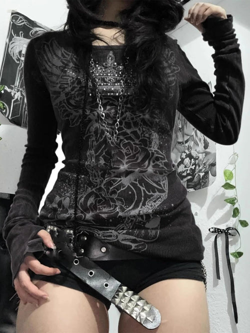 Y2k Emo Women Streetwear Acubi Fairycore Tops Long Sleeve Vintage