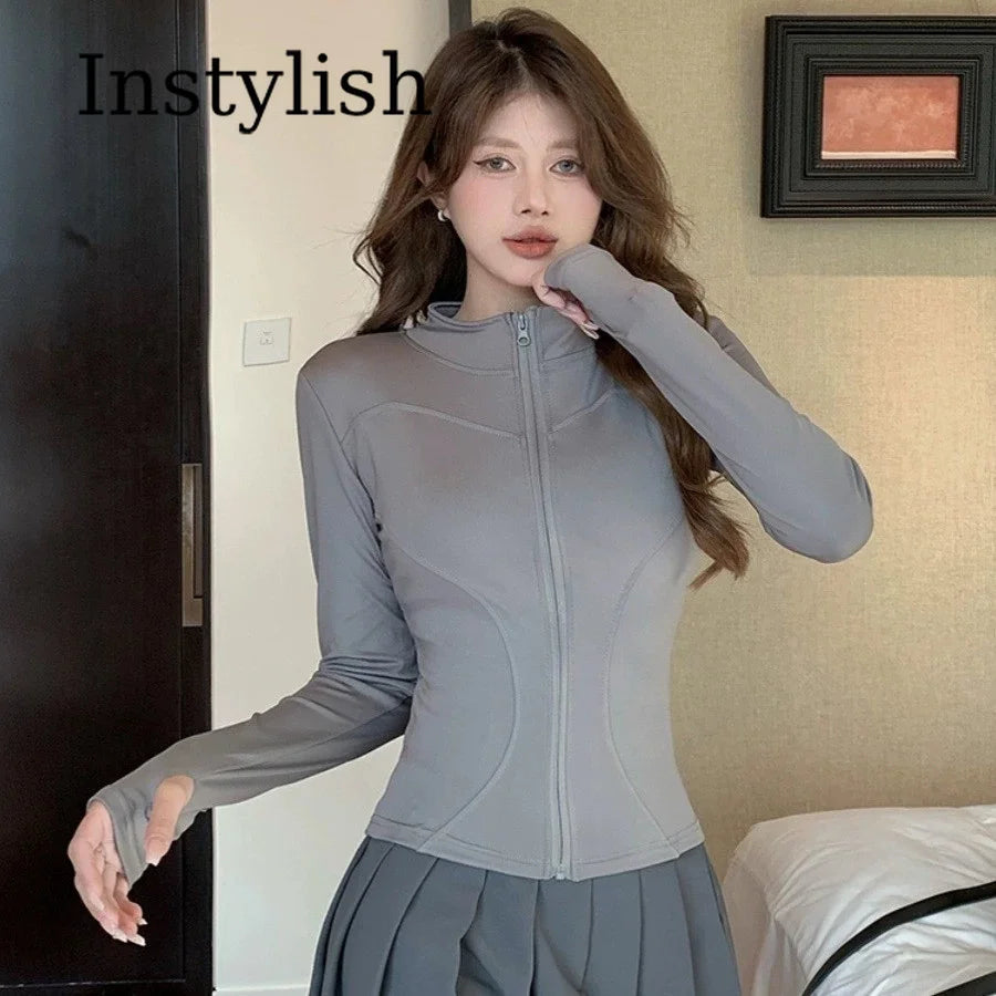 Women Zip Up Hooded Slim Jacket Long Sleeve Thumb Hole Curved Hem