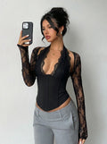 Elegant Women Black Halter Deep V Lace Long Sleeve Top, Slim Corset
