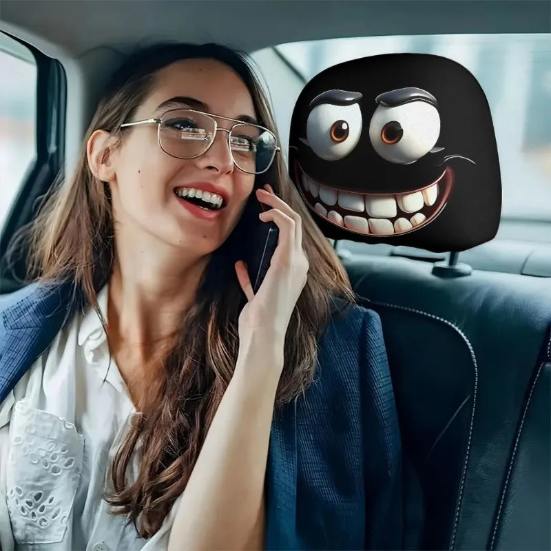 2pcs Funny Big-Eyed Cartoon Print Car Headrest Cover, Suitable For