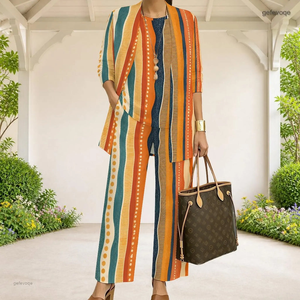 Women Abstract Printed 3 Piece Pants Set 3/4 Sleeve Open Cardigan Top