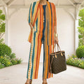 Women Abstract Printed 3 Piece Pants Set 3/4 Sleeve Open Cardigan Top