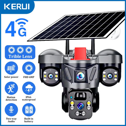 KERUI Outdoor PTZ 6MP 4G SIM WIFI Solar Panel Triple Lens Camera Home