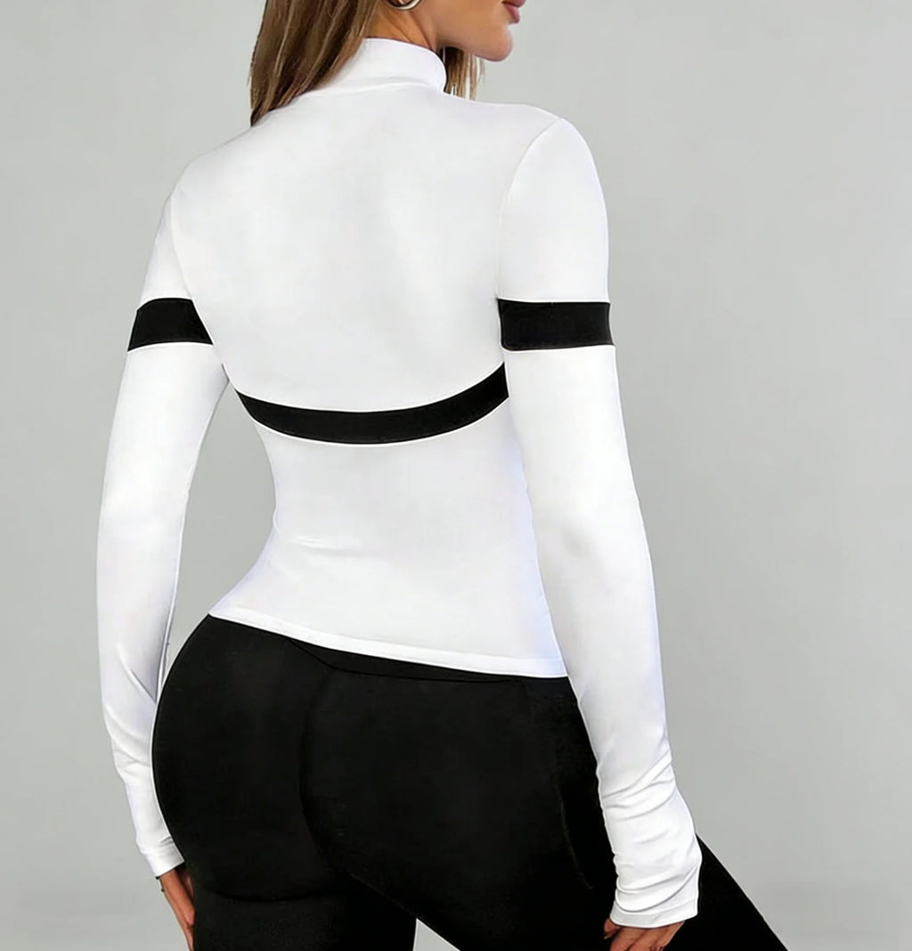 Women Slim Fit Color Block Zip Up Workout Top Stand Collar Long Sleeve