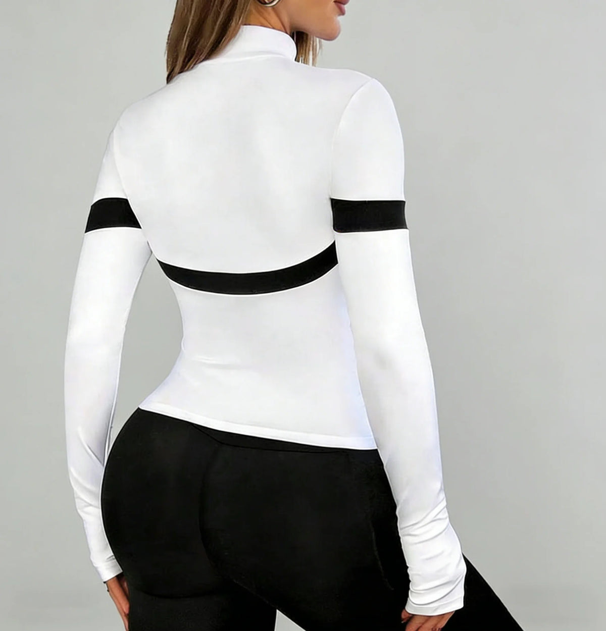 Women Slim Fit Color Block Zip Up Workout Top Stand Collar Long Sleeve