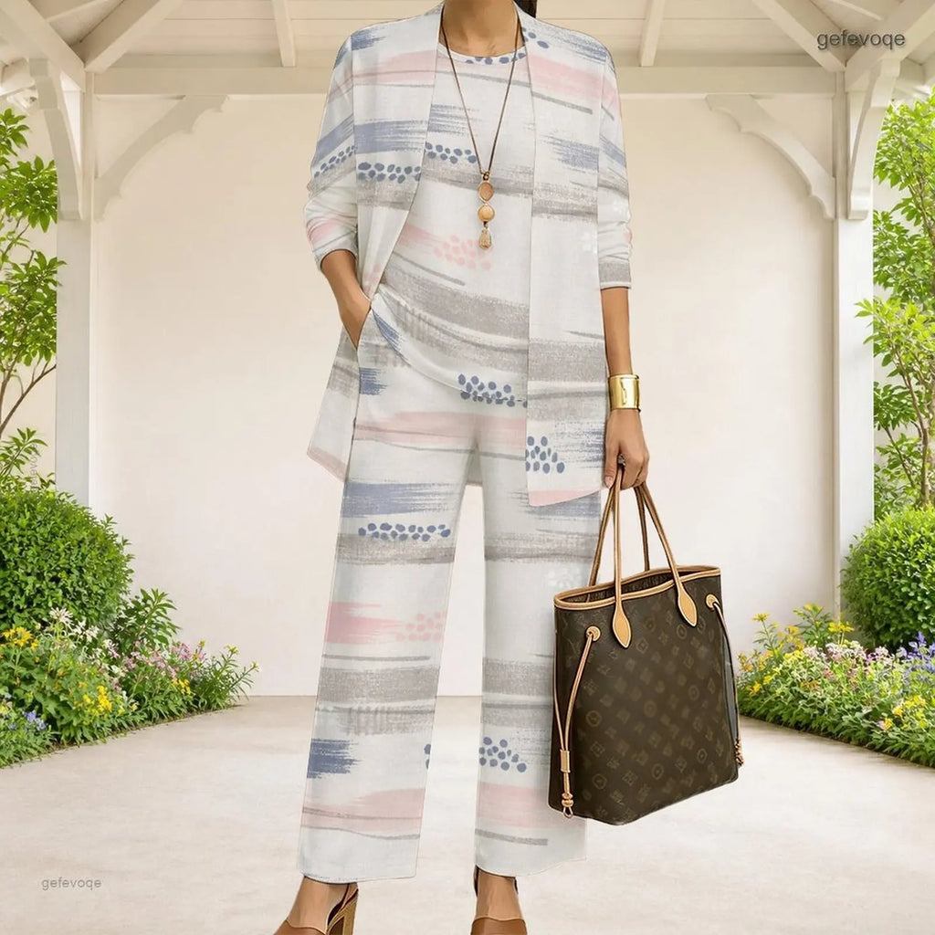 Women Abstract Printed 3 Piece Pants Set 3/4 Sleeve Open Cardigan Top