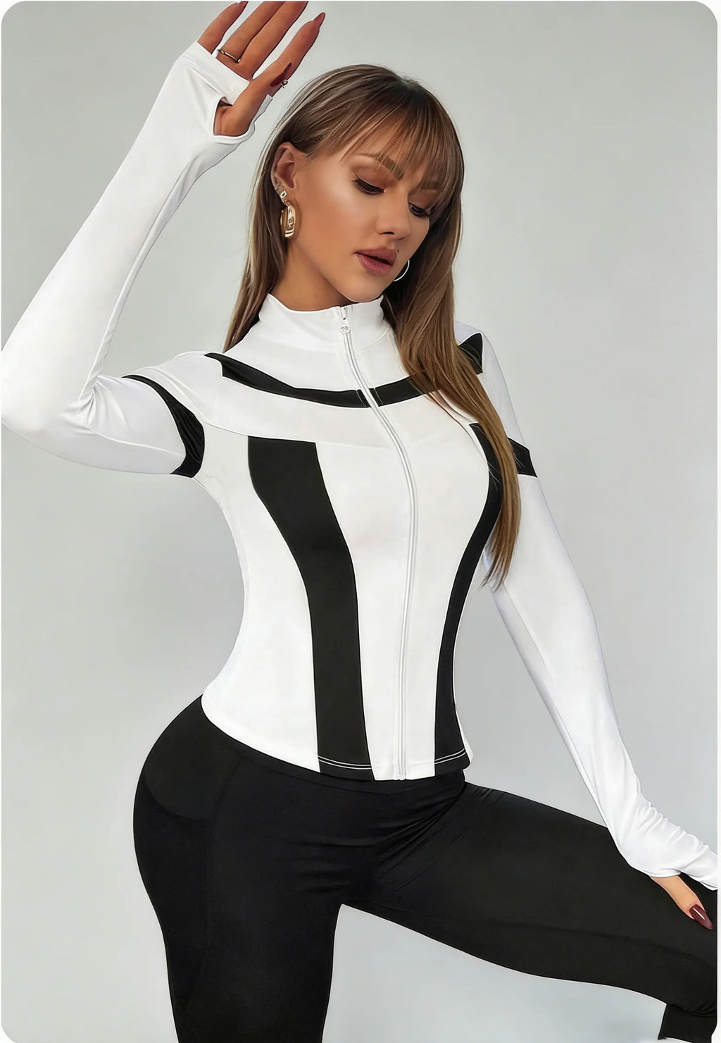 Women Slim Fit Color Block Zip Up Workout Top Stand Collar Long Sleeve