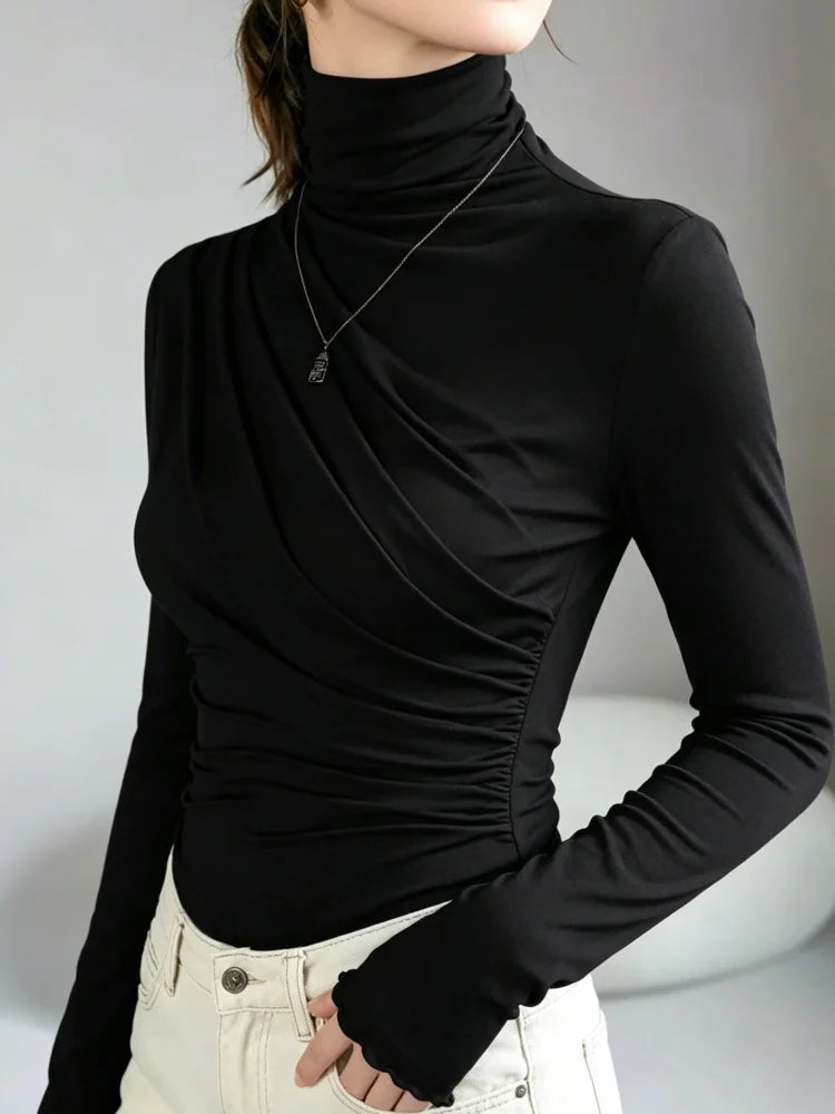 Autumn Women Turtleneck Long Sleeve Top Elegant Diagonal Ruched Slim