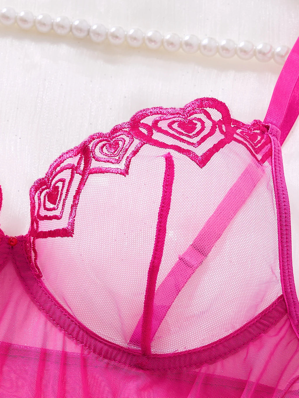 Ladies Hot Pink Sheer Mesh Babydoll Nightgown Floral Lace Embroidery