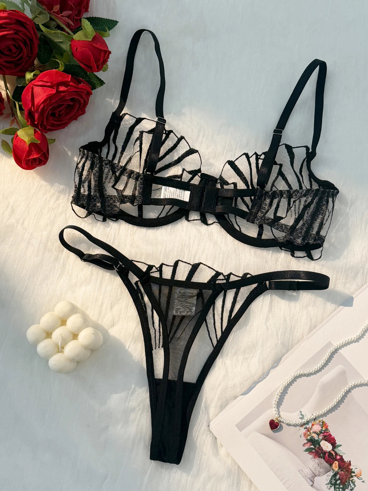 Women Striped Sheer Mesh Lingerie Set Geometric Embroidery Underwire