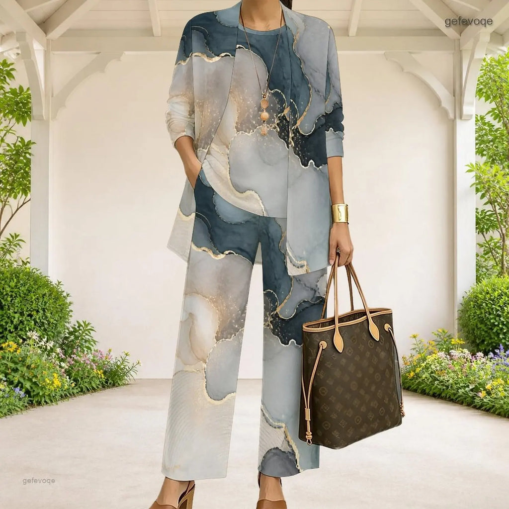 Women Abstract Printed Three Piece Pants Set 3/4 Sleeve Open Cardigan