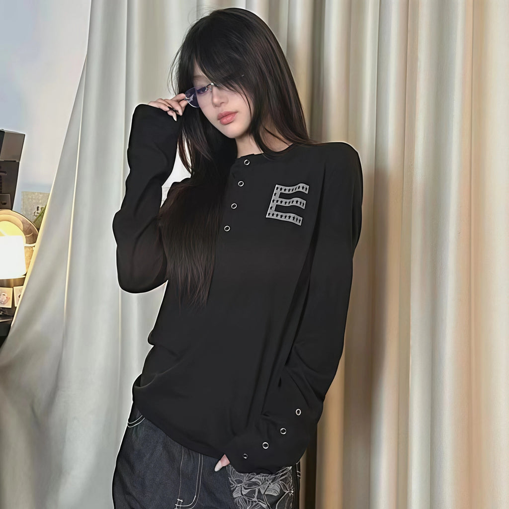 Women Henry Collar Long Sleeve Top Skull Badge Print Eyelet Decor