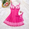 Ladies Hot Pink Sheer Mesh Babydoll Nightgown Floral Lace Embroidery