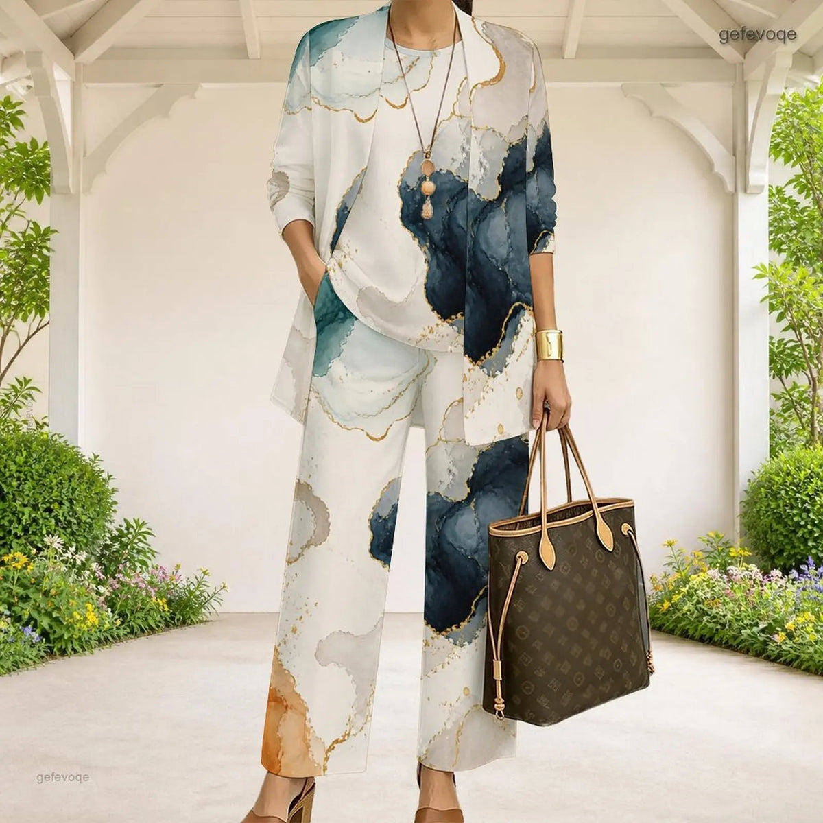 Women Abstract Printed Three Piece Pants Set 3/4 Sleeve Open Cardigan