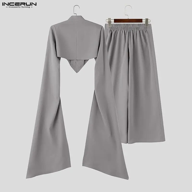 INCERUN Men's Sets Solid Color Stand Collar Long Sleeve Crop Blazer