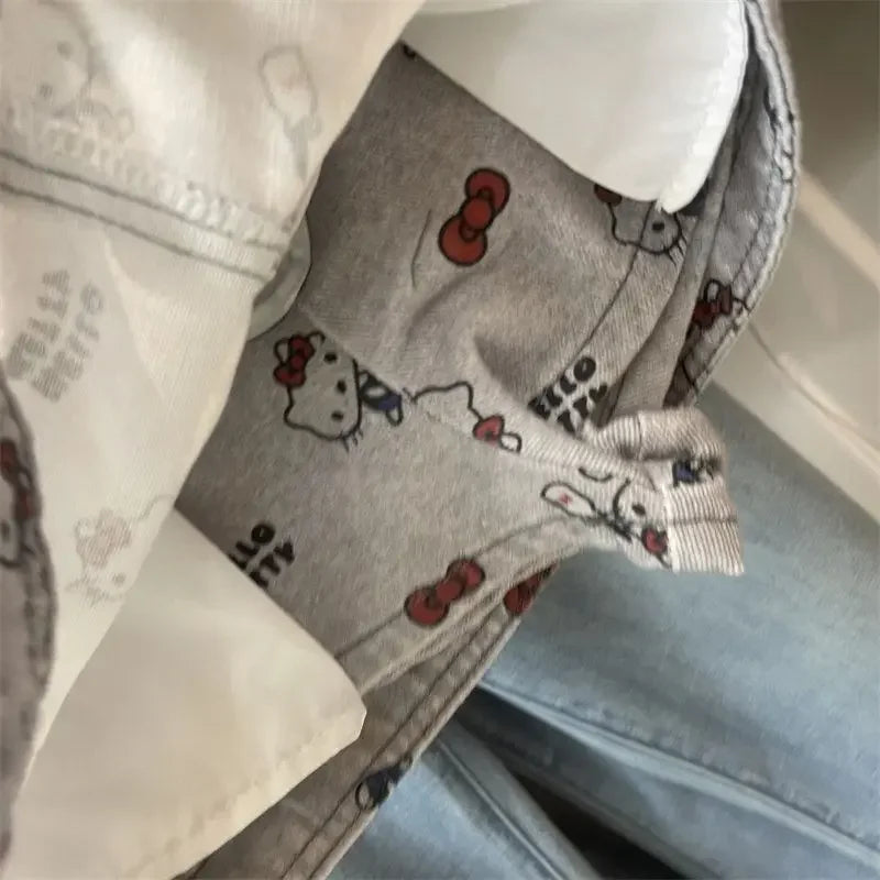 2026 Anime Hello Kitty Bow Printed Denim Skirt for Women Spring Summer