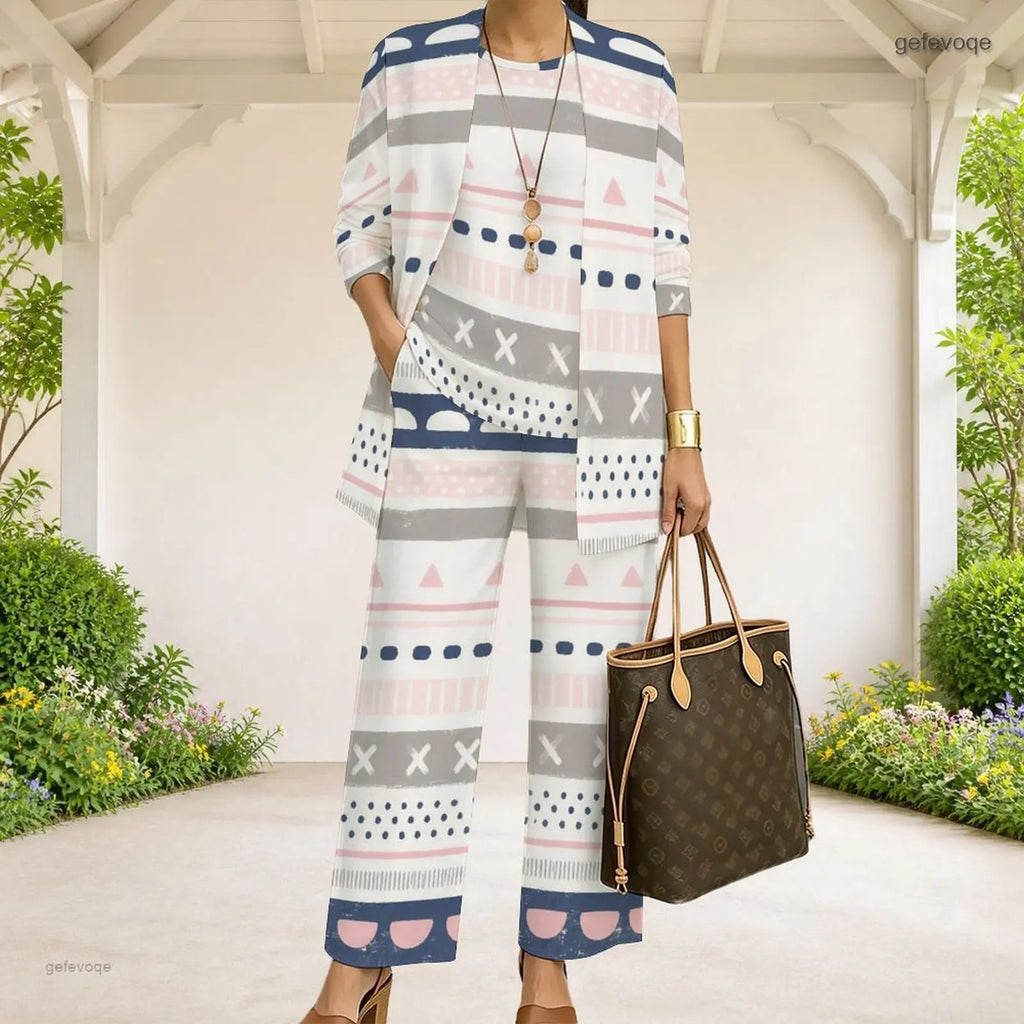 Women Abstract Printed 3 Piece Pants Set 3/4 Sleeve Open Cardigan Top
