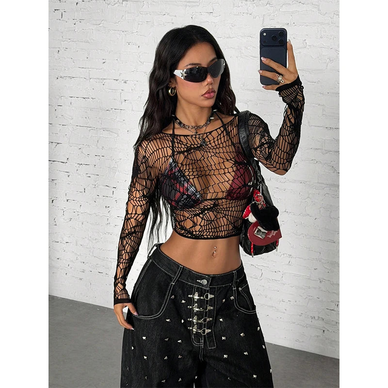 Women Top Long Sleeves See Through Hollow Out Fishnet Beach Cover Up ,