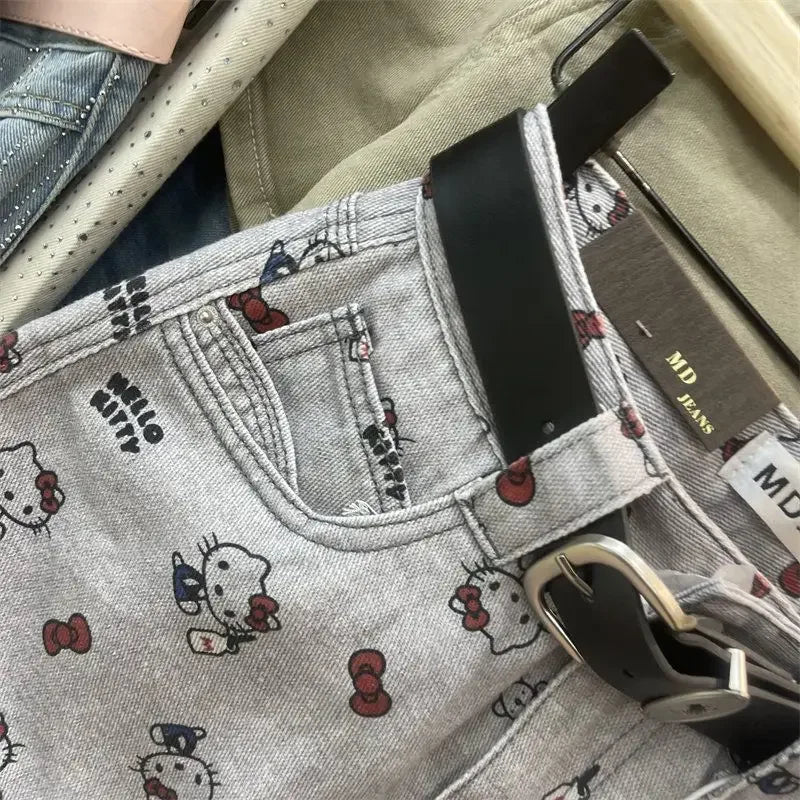 2026 Anime Hello Kitty Bow Printed Denim Skirt for Women Spring Summer