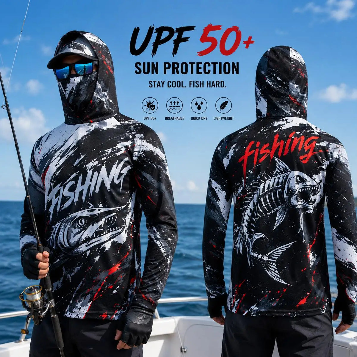 Men's Hooded Fishing Shirt, UPF Sun Protection, Breathable, Long