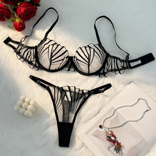 Women Striped Sheer Mesh Lingerie Set Geometric Embroidery Underwire