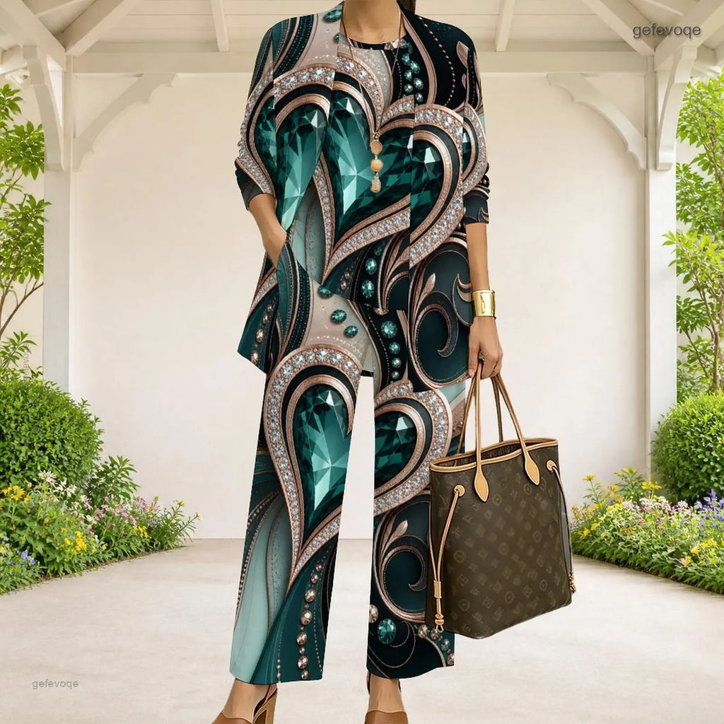 Women Black Dark Green Gold Abstract Swirl Printed 3 Piece Pants Set