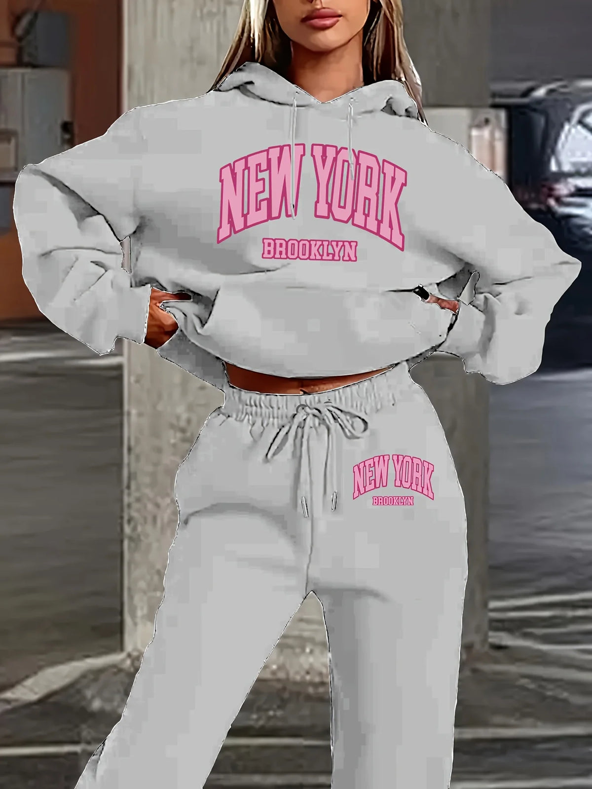 Women 2Pcs Letter Print Outfit, Hoodie and Sweatpants Set, Ladies