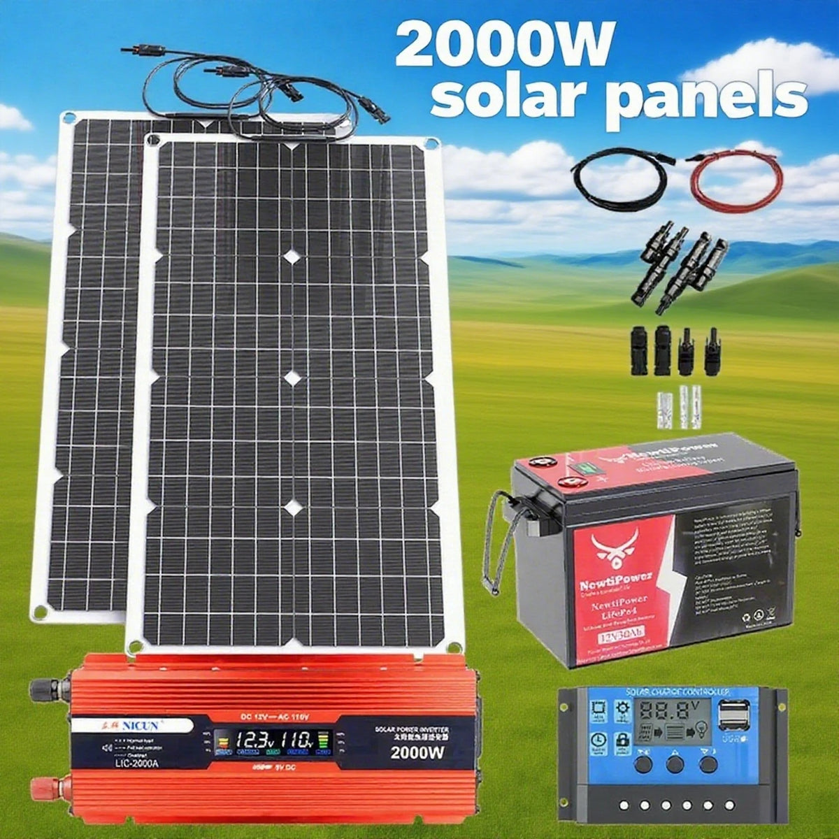 2000W Off-Grid Solar Complete Kit Power 100A Controller,110V 220V