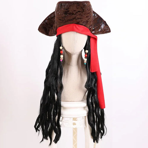 Halloween Pirate Costume Accessory Set Long Black Curly Wig Medieval