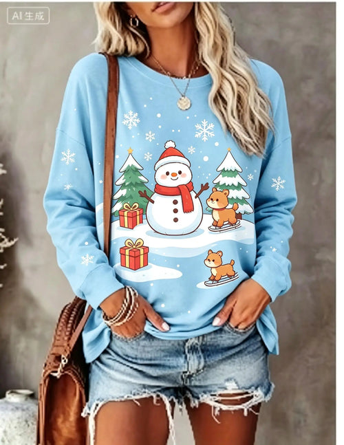 Women Christmas Long Sleeve T‑Shirt Snowman Puppy Tree Gift Snowflake