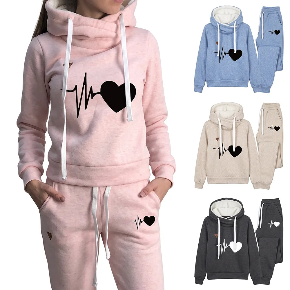 Winter Warm 2 Piece Set Women Fleece Tracksuit Heart Print Pullover