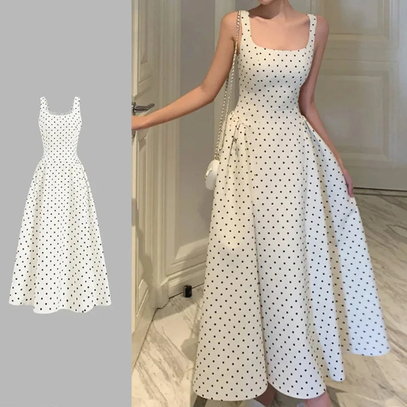 Sleeveless Polka Dot Dress Long Dress French Suspender Dress