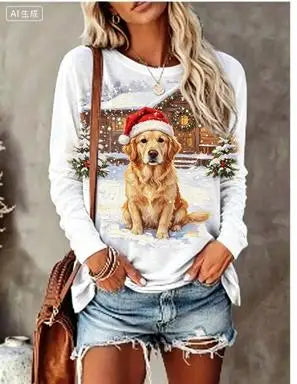 Women Long Sleeve T‑Shirt Christmas Rabbit With Scarf Winter Snow