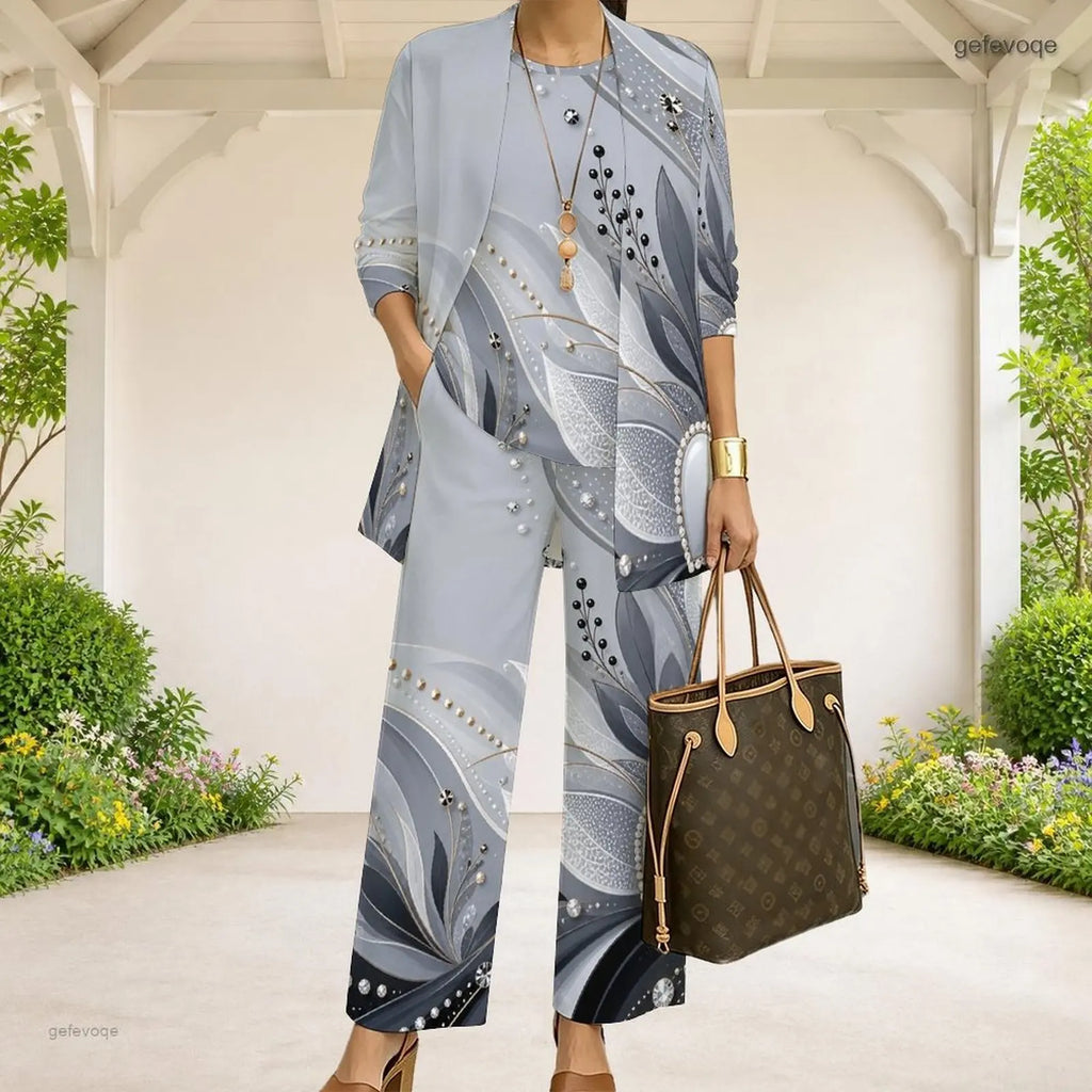 Women Black Dark Green Gold Abstract Swirl Printed 3 Piece Pants Set