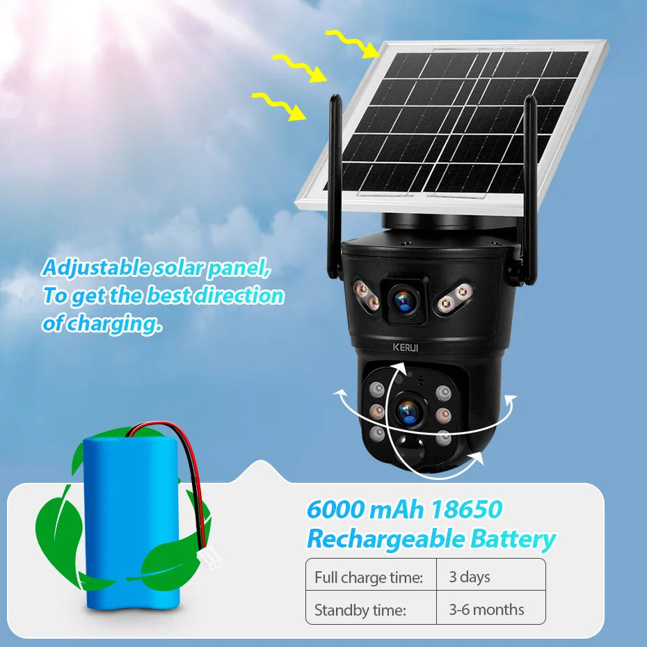 KERUI Outdoor Waterproof 6MP 4G SIM WIFI Solar Camera Dual Lens Camera