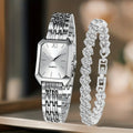 2PCS Fashion Rectangle Women Quartz Watch Rhinestone Bracelet Set