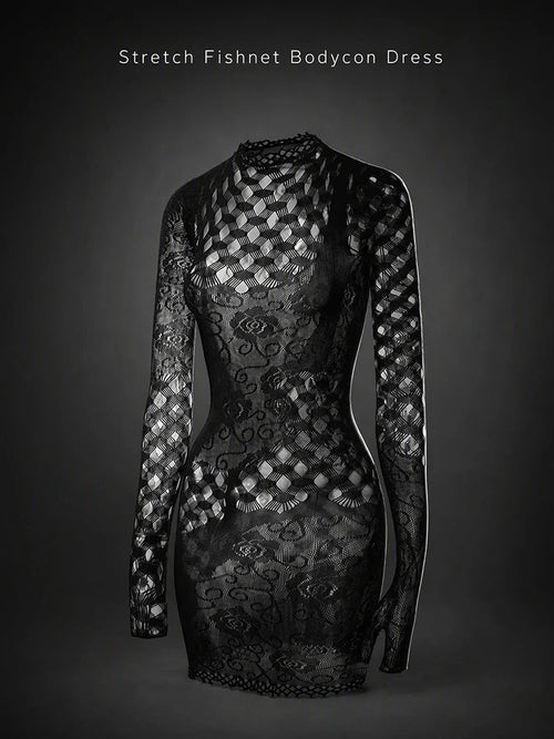 Hollow Out Fishnet Beach Cover Up Bodycon Dress, Sheer Mesh Festival