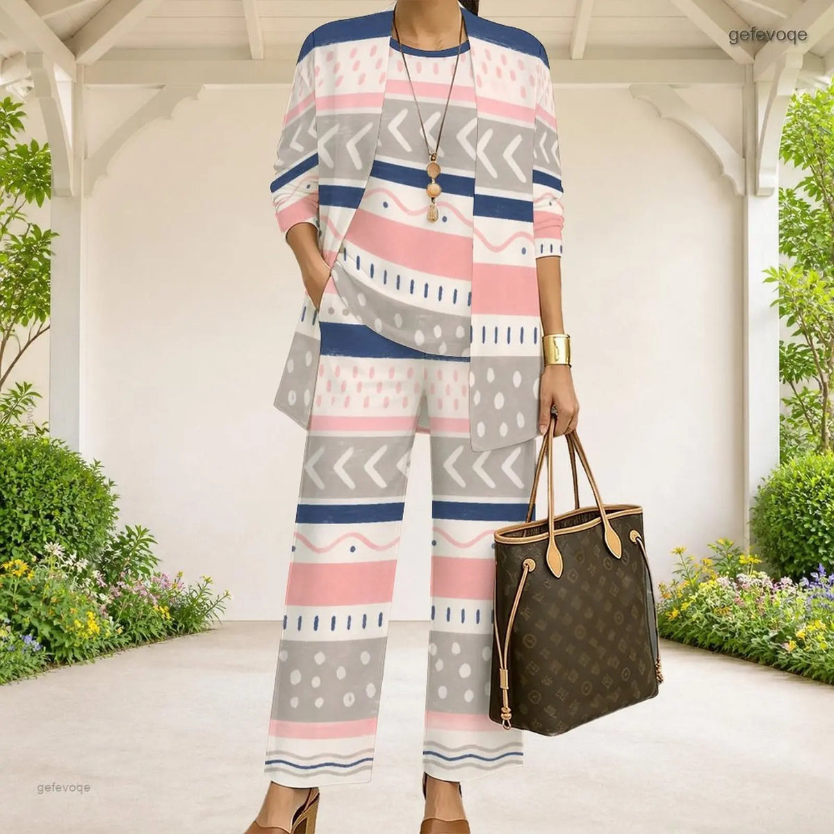 Women Abstract Printed 3 Piece Pants Set 3/4 Sleeve Open Cardigan Top