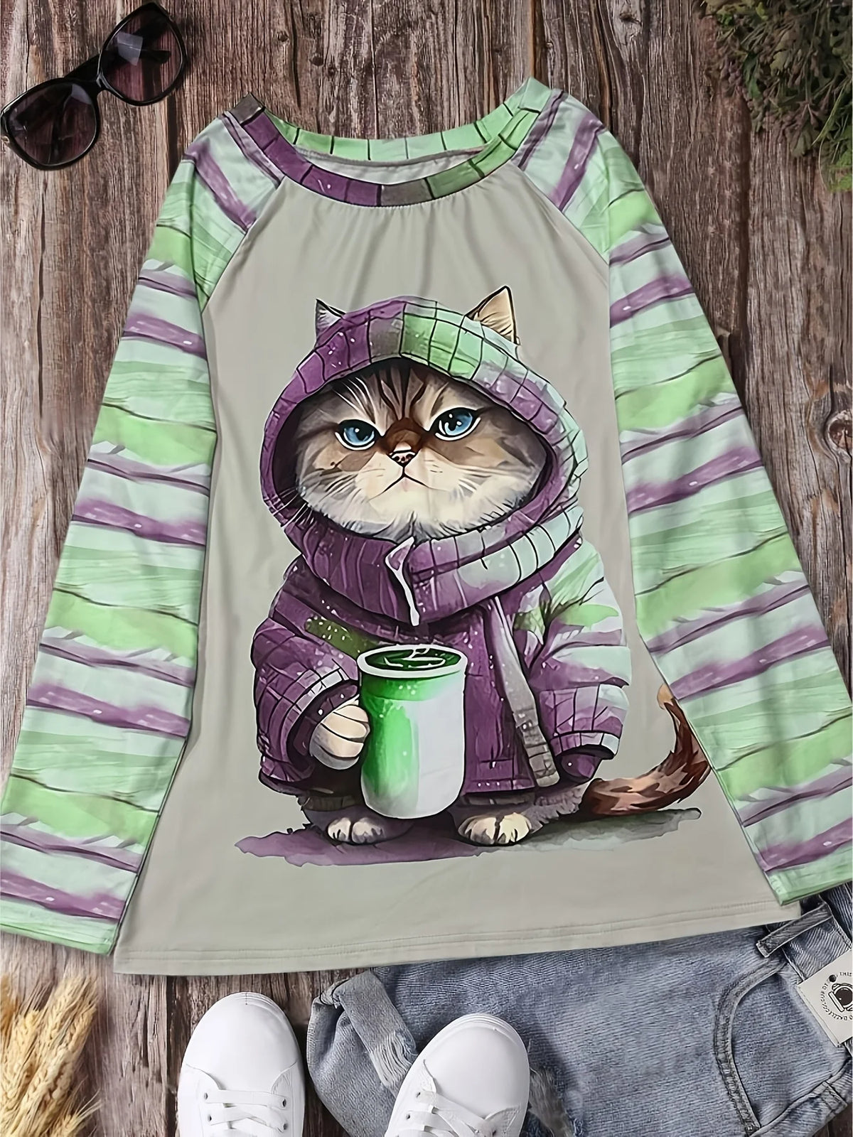 Women's Coffee Cat Print Top White Pink Grey Stripe Sleeve Cute Long