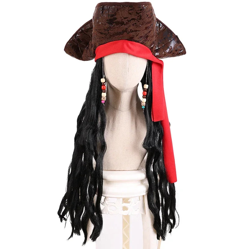 Halloween Pirate Costume Accessory Set Long Black Curly Wig Medieval