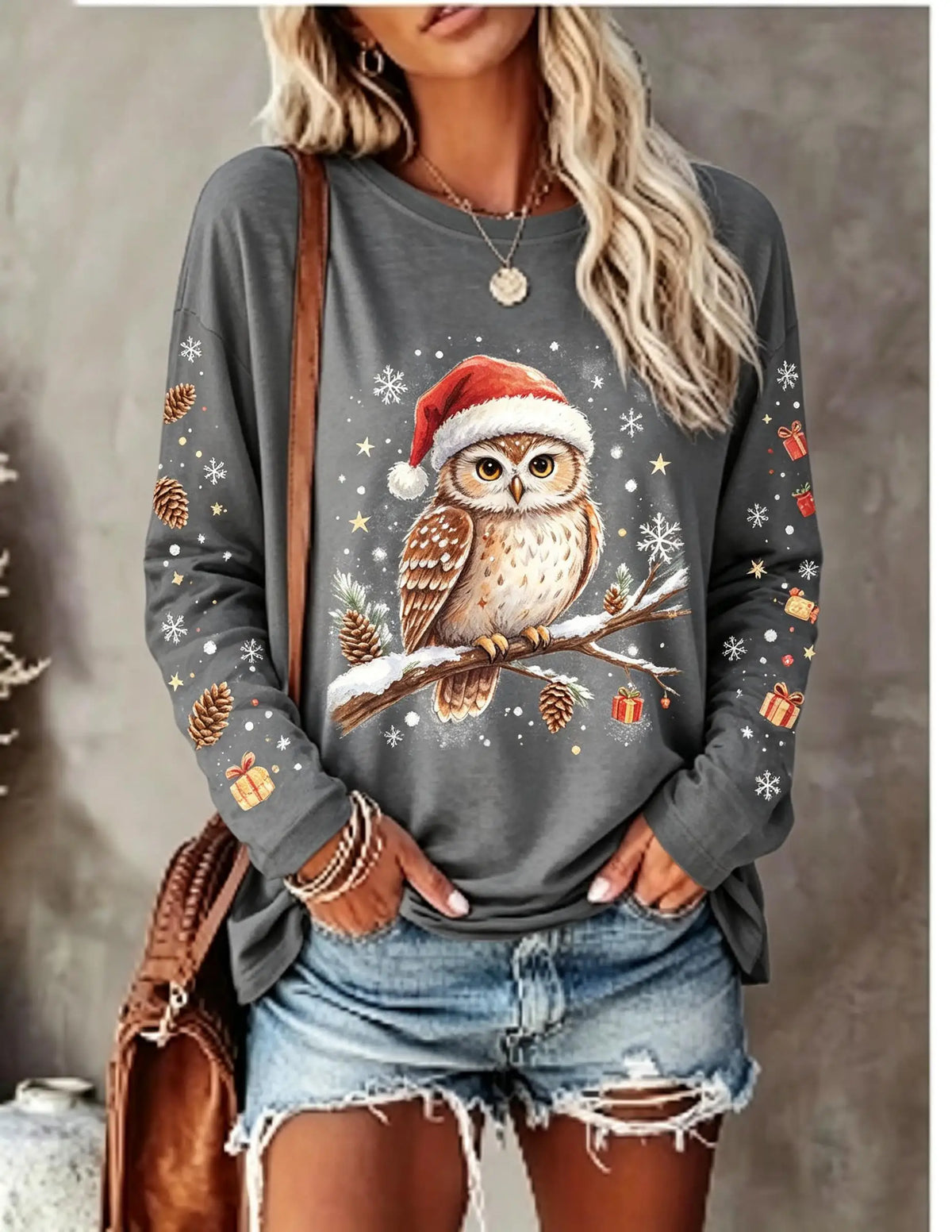Women Long Sleeve T Shirt Christmas Spotted Deer Santa Hat Snow Forest