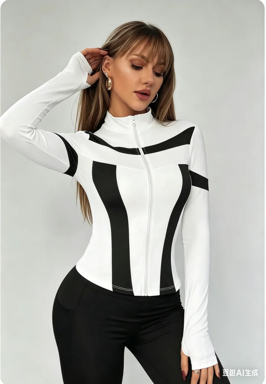 Women Slim Fit Color Block Zip Up Workout Top Stand Collar Long Sleeve