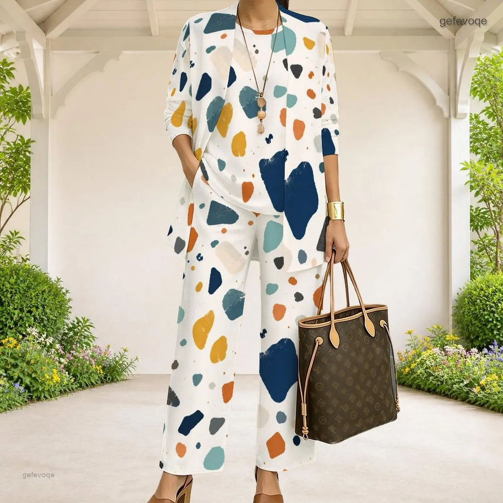 Women Abstract Printed 3 Piece Pants Set 3/4 Sleeve Open Cardigan Top